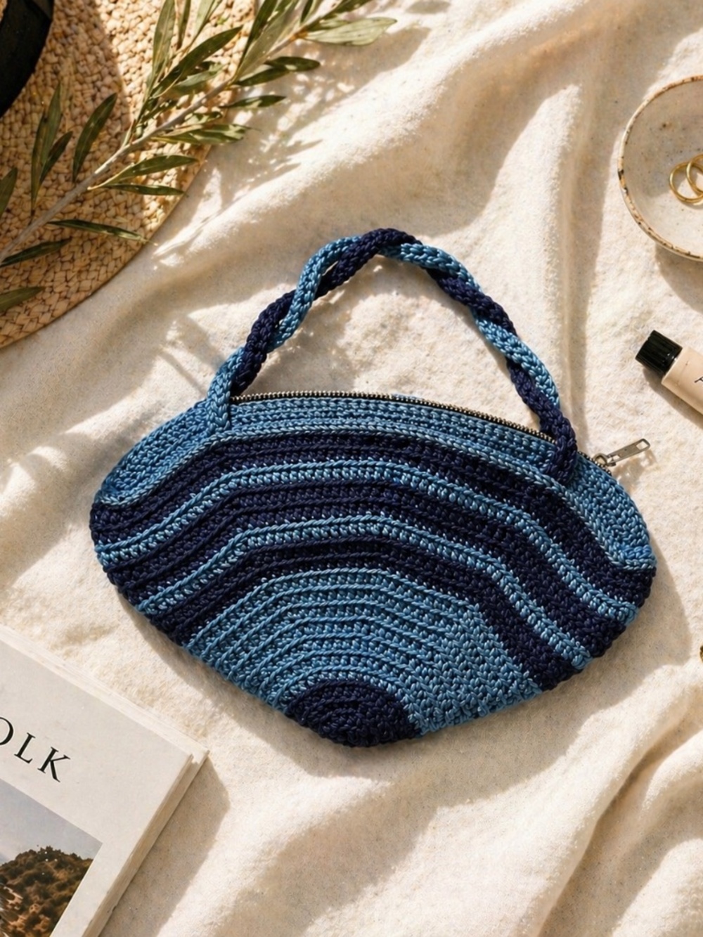 Handmade Crochet Mini Bag Blue Striped Woven Zip Top Purse Small Boho